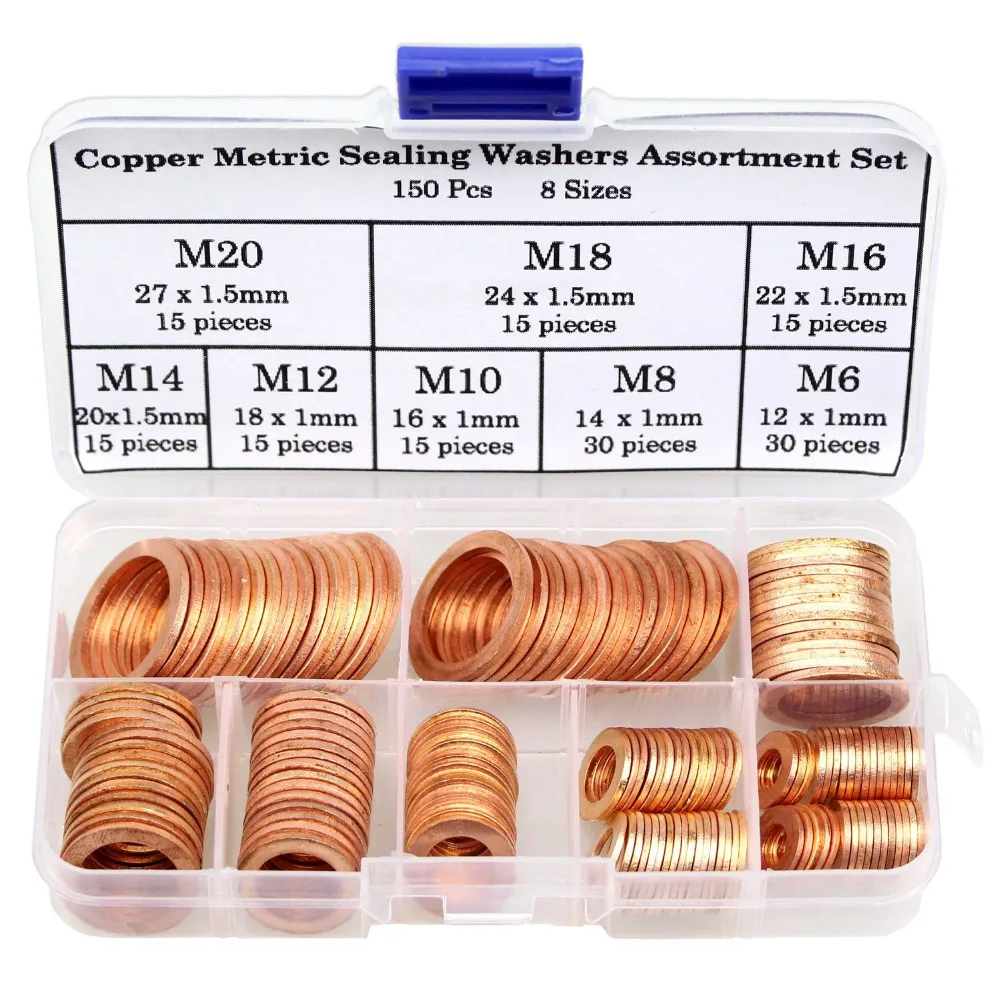 150Pcs 8 Sizes Copper Metric High conductivity corrosion resistant copper washer assortment Set - M6 M8 M10 M12 M14 M16 M18 M20
