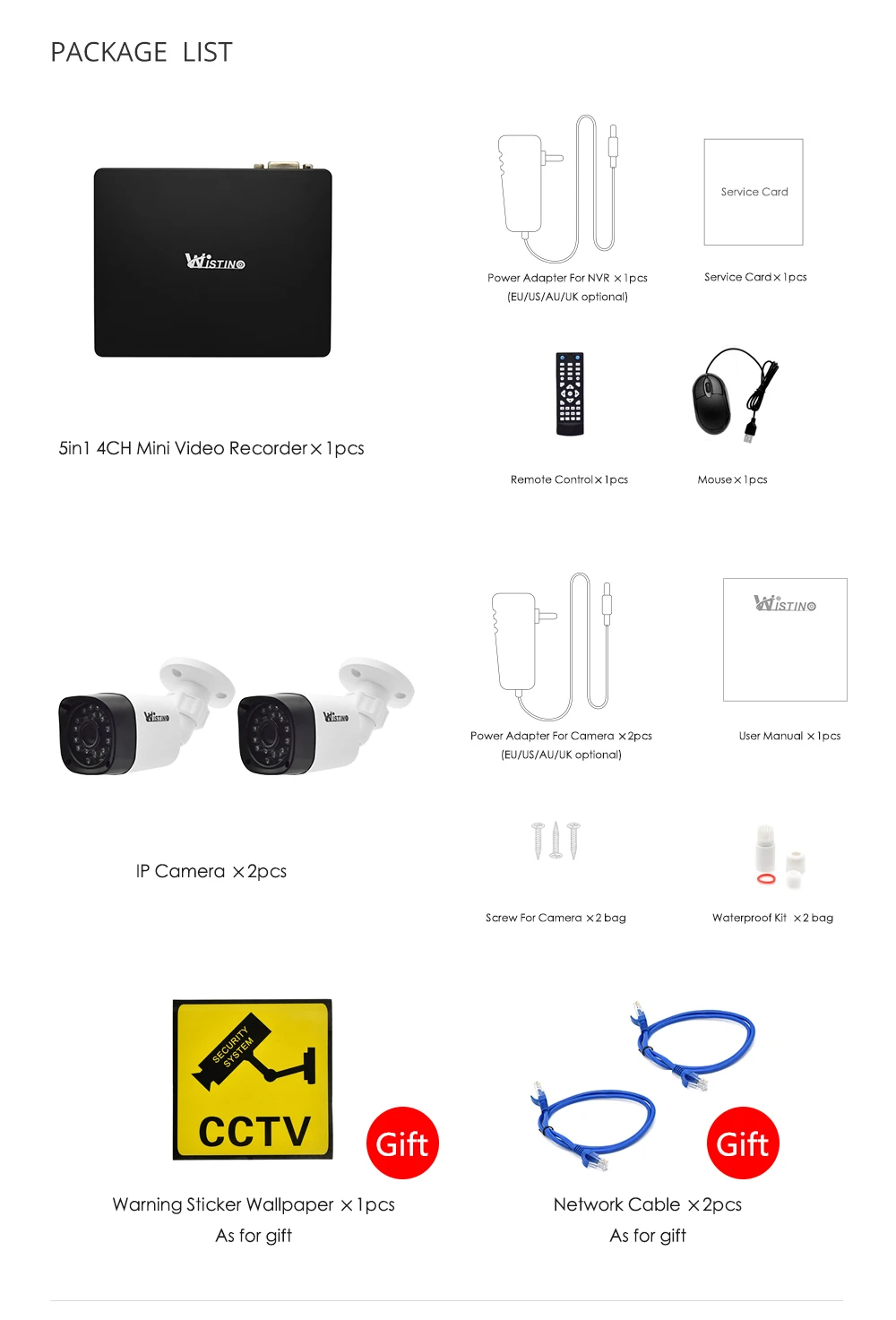 Wistino 1080P CCTV Security System Kit Night Vision 2pcs IP Camera Bullet Outdoor Surveillance Monitor Kits Mini NVR H.265 1MP (14)