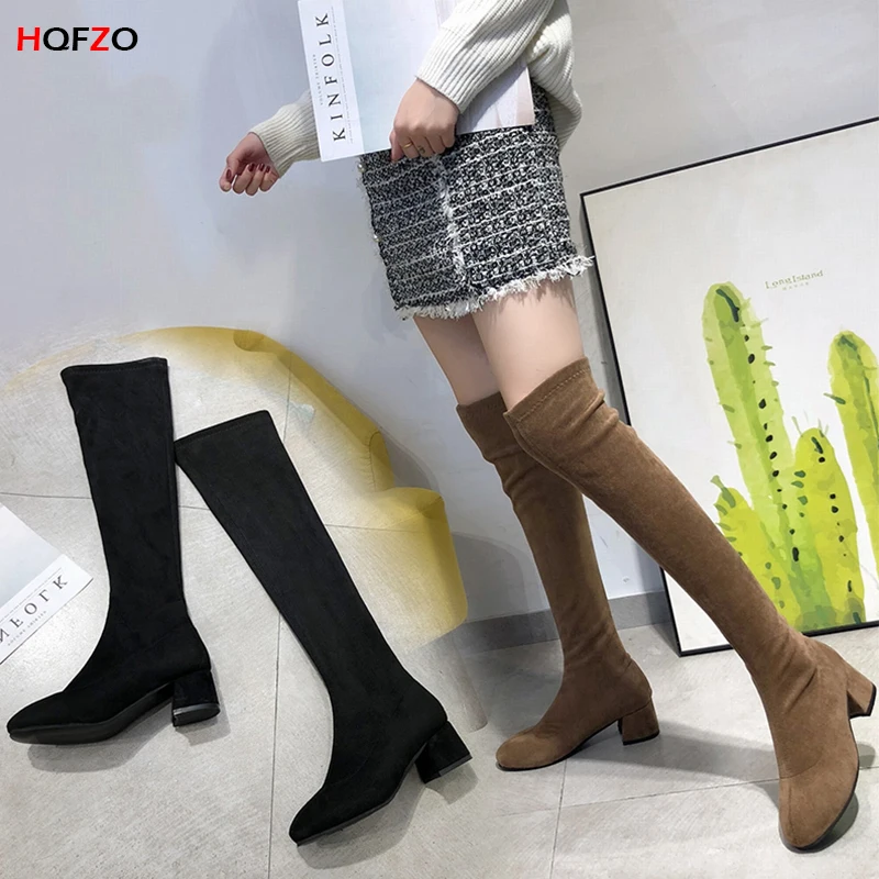 

HQFZO Flock Women Long Boots Over the Knee Boots Platform Sexy Female Autumn Winter Thigh Boots Block Heels Botas Mujer Black
