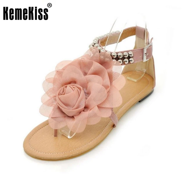 Gladiator Sandals for Women Bohemia Beaded Summer Flower Flat Heels Flip Flops Women's Shoes Tstraps Sandals Size 34-43