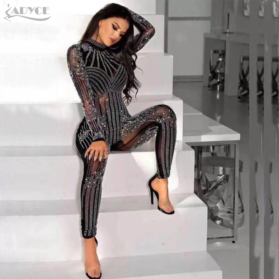 

Adyce 2019 New Summer Women Jumpsuits Elegant Blue Black Khaki Long Sleeve Luxury Beading Long Rompers Celebrity Party Bodysuits