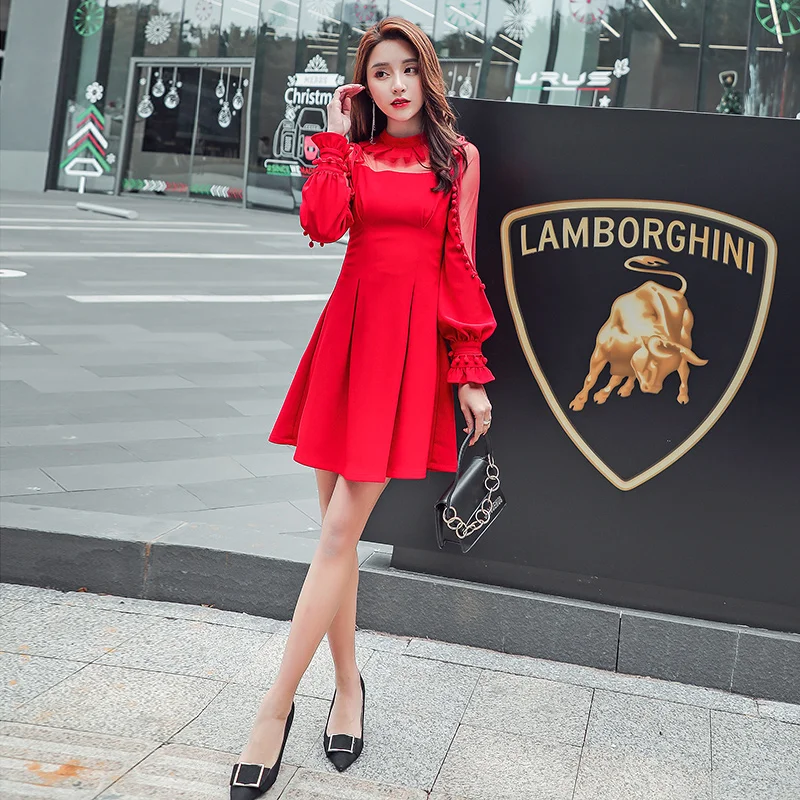 JIBAIYI Red Transparent Mesh Lantern Sleeve Elegant Dress Women Sexy Tassel Bodycon Ladies Party Dresses Spring Female Vestidos JIBAIYI Red Transparent Mesh Lantern Sleeve Elegant Dress Women Sexy Tassel Bodycon Ladies Party Dresses Spring Female Vestidos