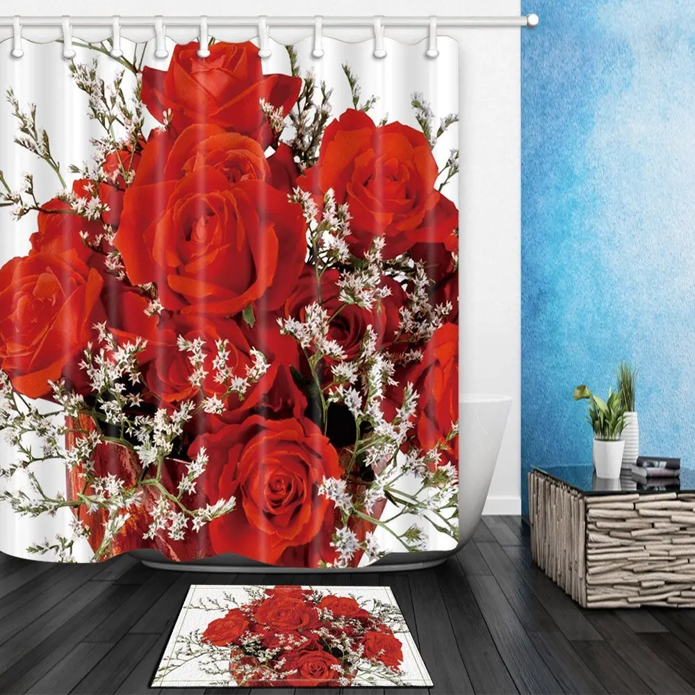 Red Rose in White Waterproof Polyester Fabric Shower Curtain Set Non ...