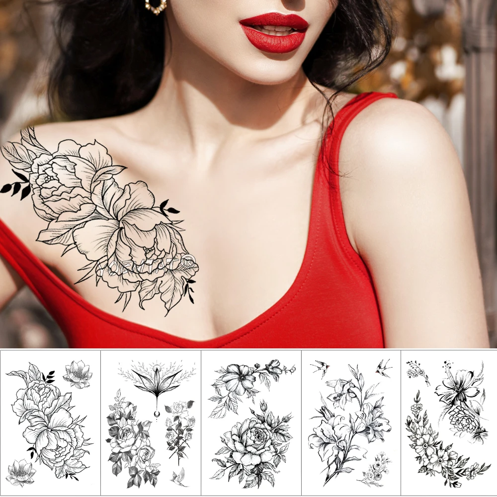 

Waterproof Temporary Tattoo Sticker Sketch line peony pattern tatoo Water Transfer Rose body art fake arm tattoo For Women