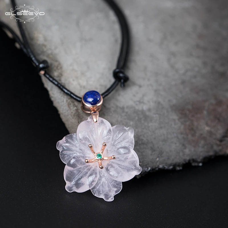 

GLSEEVO Natural Pink Crystal Cherry Blossom Pendant Necklace Women 925 Sterling Silver Necklace Jewelry Collares Colar GN0023