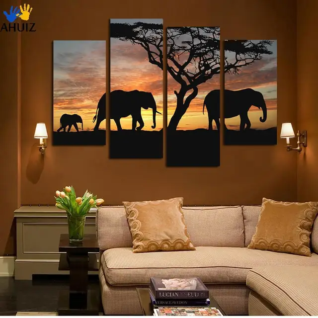 4 Pcs Sunset Elephant Painting Canvas Wall Art Picture Home 4 Pcs Sunset Elephant Painting Canvas Wall Art Picture Home Decoration Living Room Print Modern Large