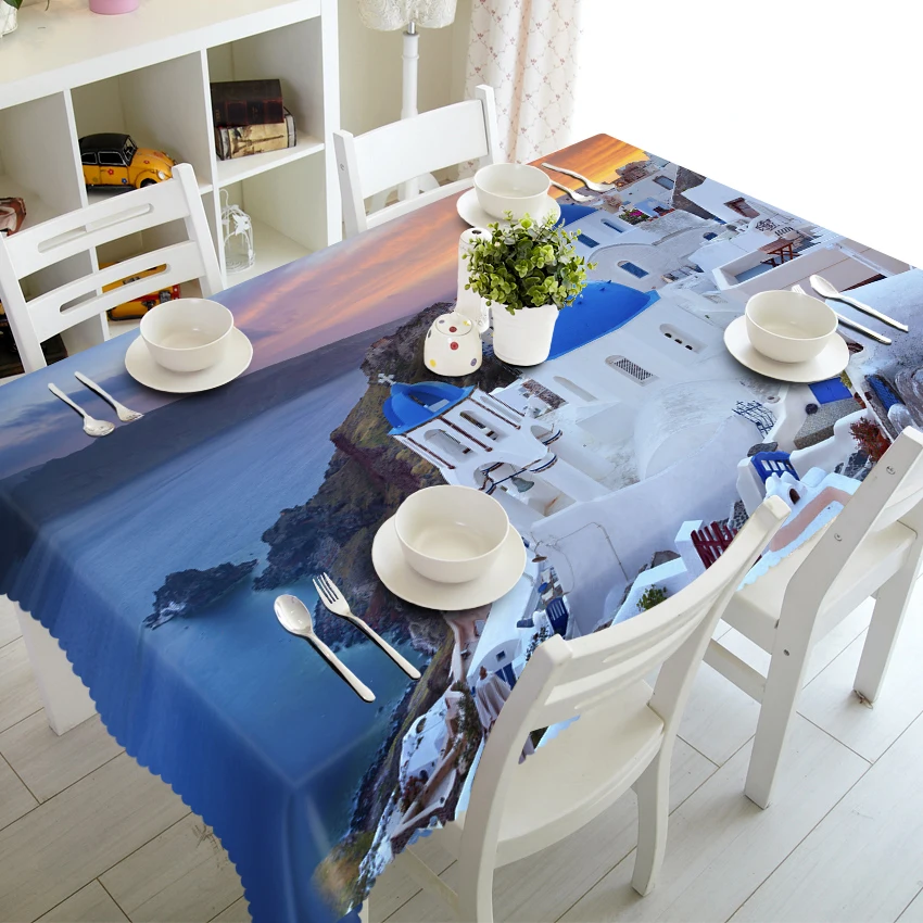 

Home Decor 3d Round Tablecloth Aegean Sea Beach Town Scenery Pattern Thicken Polyester Cotton Waterproof Rectangular Table Cloth