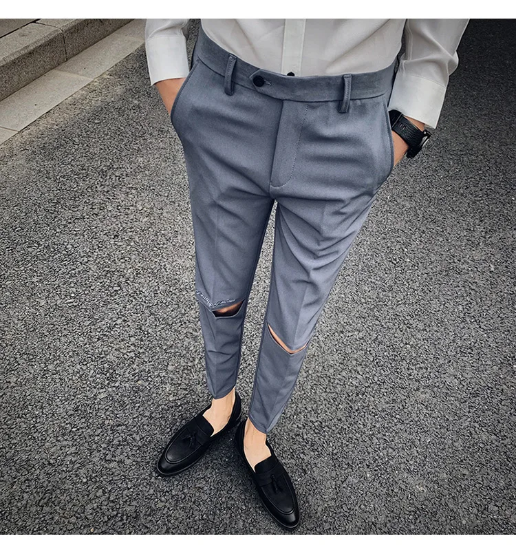 Мужские брюки с дырками и вышивкой в повседневном стиле, мужские облегающие брюки длиной до середины икры, мужские модные корейские брюки, Мужская брендовая одежда