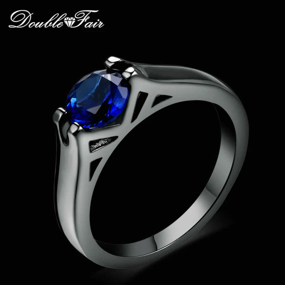 

Double Fair Brand Blue Crystal Round Shape Rings Black Gold Color Fashion Brand Party Jewelry Simple Ring For Women Gift DFR621