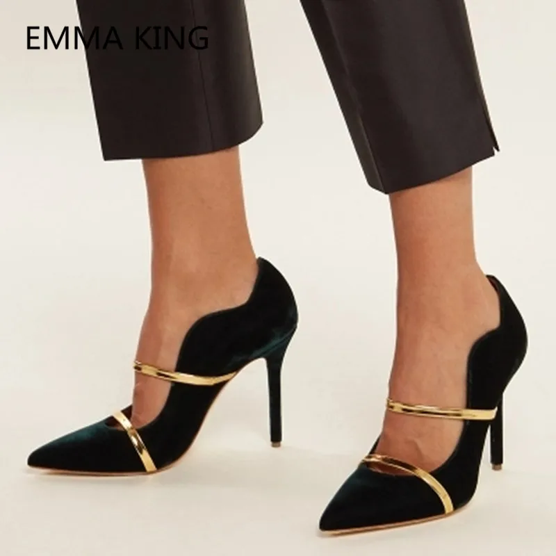 

2019 Luxury Velvet Ladies High Heel Pumps Pointed Toe Metal Belt Runway Shoes Elegant Woman Stilettos Female Wedding Dress Shoes