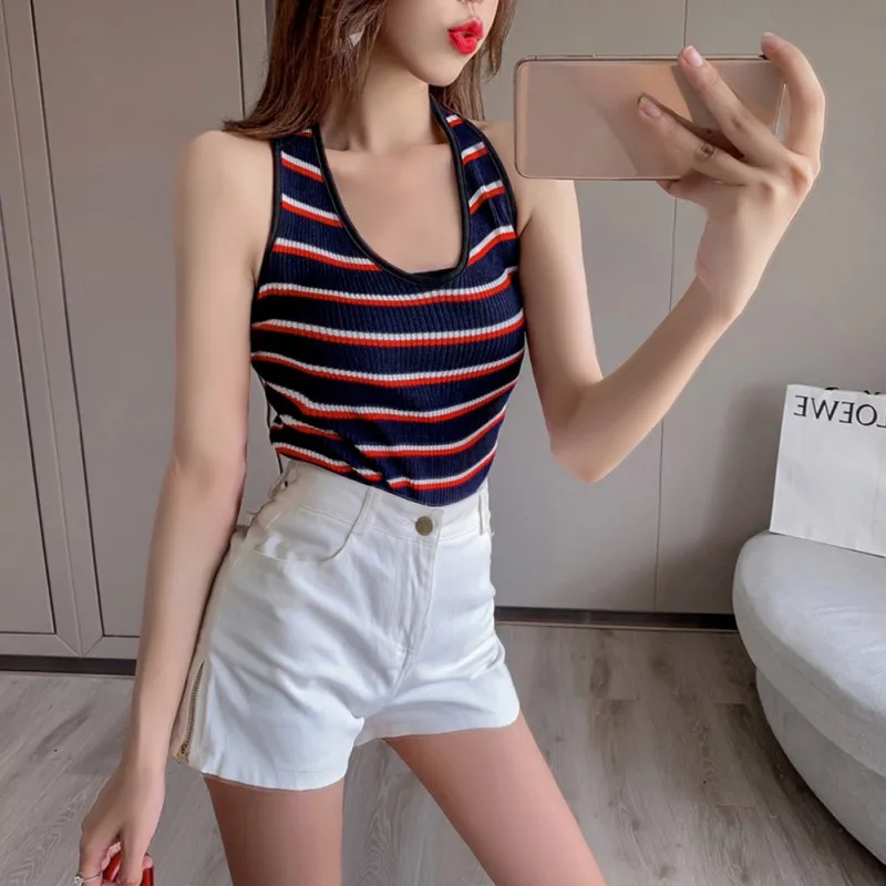 Women Summer Sexy Round Neck Sleeveless Rainbow Contrast Striped Print Shirt Camisole T-Shirt Short Knit Vest