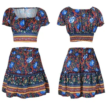 

Women Tops with Skirt Suit Print Square Neck Breathable Casual Clothing Set for Summer HSJ88