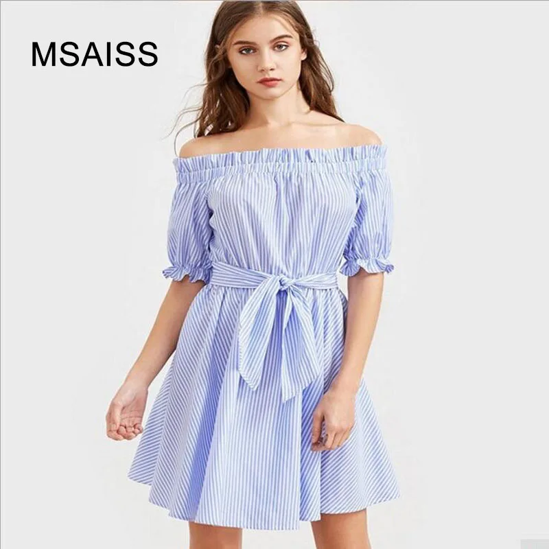 

MSAISS 2017 Women Summer Chiffon Dress Fashion Slash Neck Bow Belt Dresses Blue Casual Puff Sleeve Loose Straight Dress