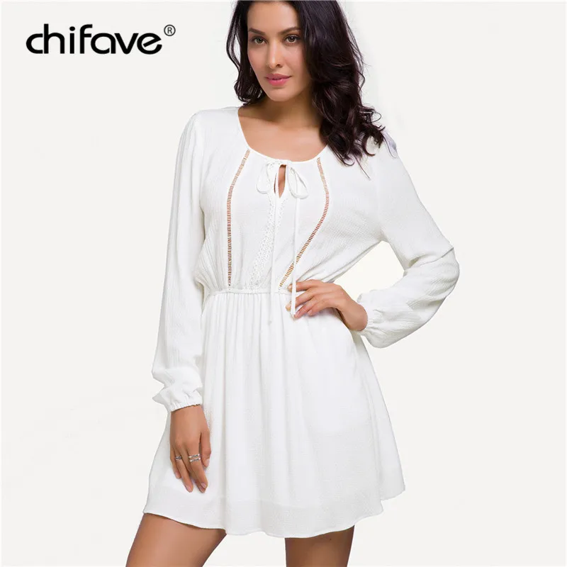 Women Autumn Spring White Cotton Dress Casual Long Sleeve O Neck Mini ...