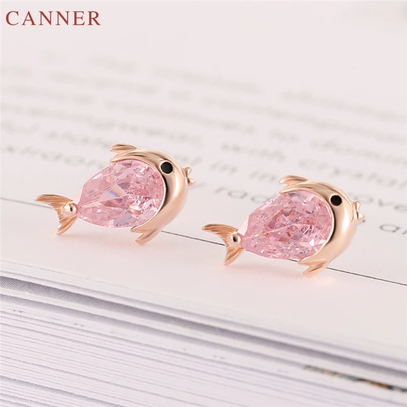 Cute Fish Earrings for Women 925 Sterling Silver Pink Crystal Zircon Stud Earrings 2019 Fashion Jewelry Girls Gifts brincos C40