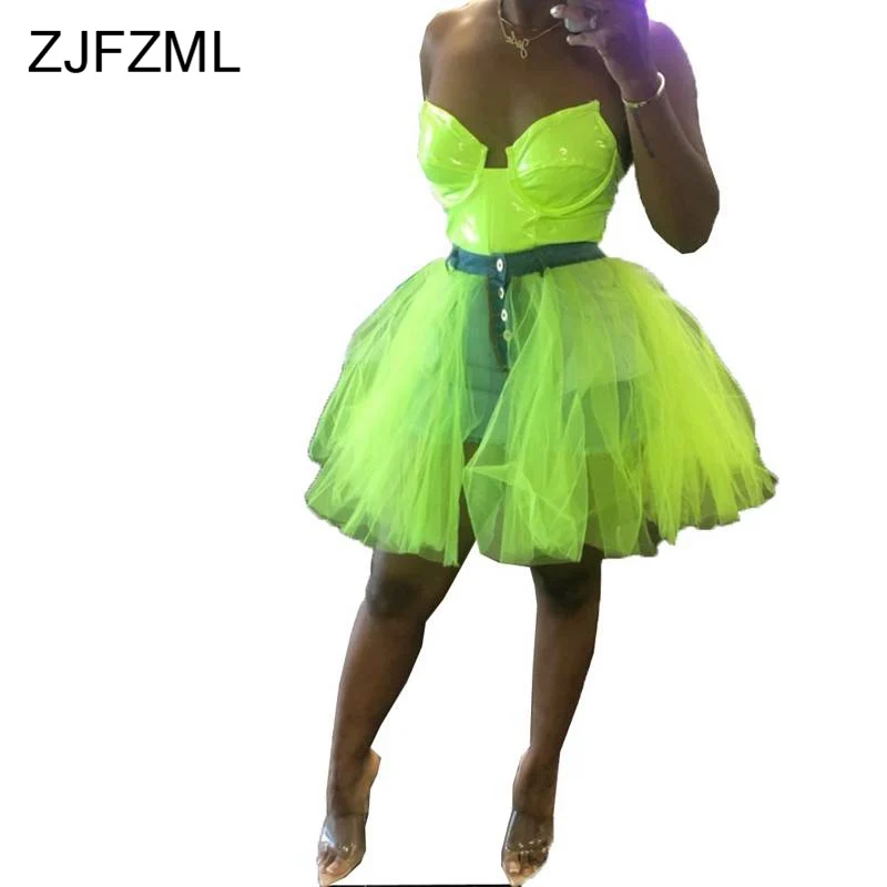 

Mesh Patchwork Denim Ball Gown Women High Waist Neon Green Sexy Mini Skirts Plus Size Perspective Buttons Up Loose Summer Skirt