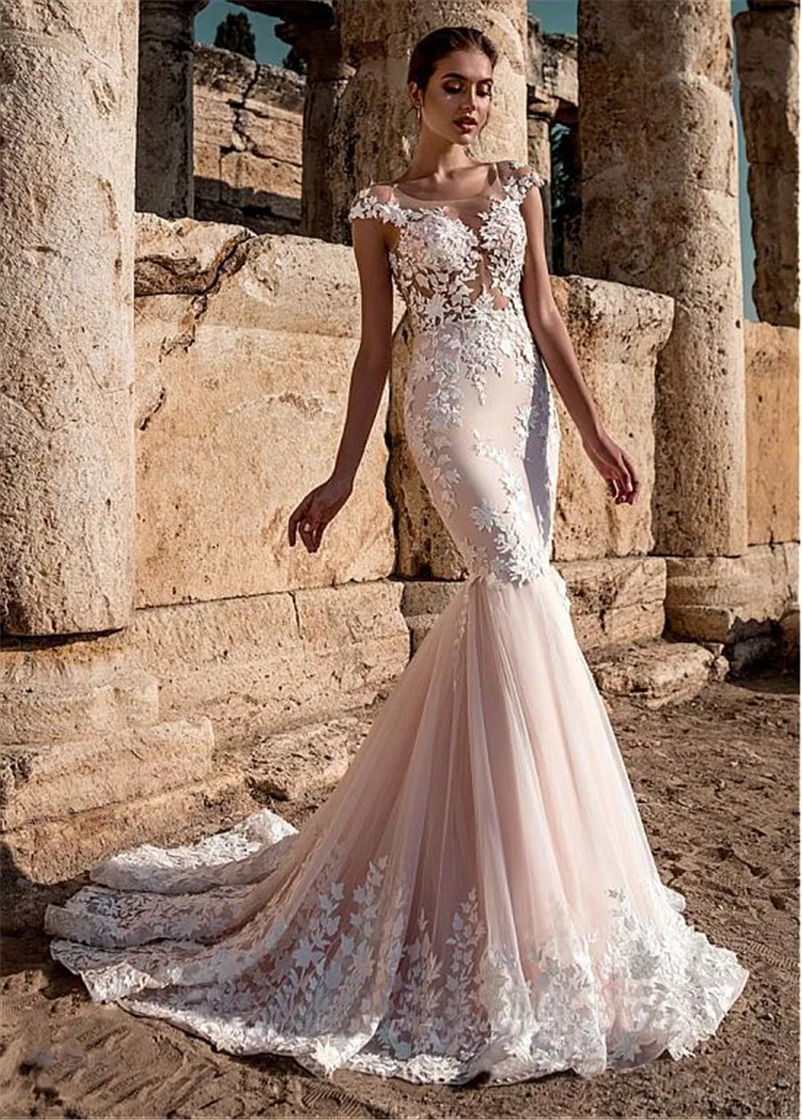 

Mermaid Tulle Scoop Neckline Illusion Bodice Mermaid Wedding 3D Lace Appliques Wedding Dress 2019 Boho Vestido De Noiva