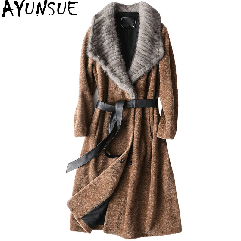 

AYUNSUE 2019 Luxury Sheep Fur Coat Female Thick Winter Jacket Women Wool Coats Natural Mink Fur Collar Long Slim Outwear 17069