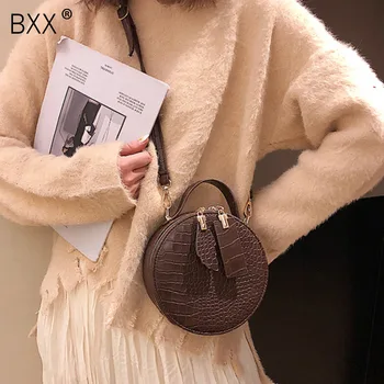 

[BXX] 2020 Spring Summer Woman New Brown Alligator Pattern Single Strap Zippe Round Shape Messenger Bag All Match LM147