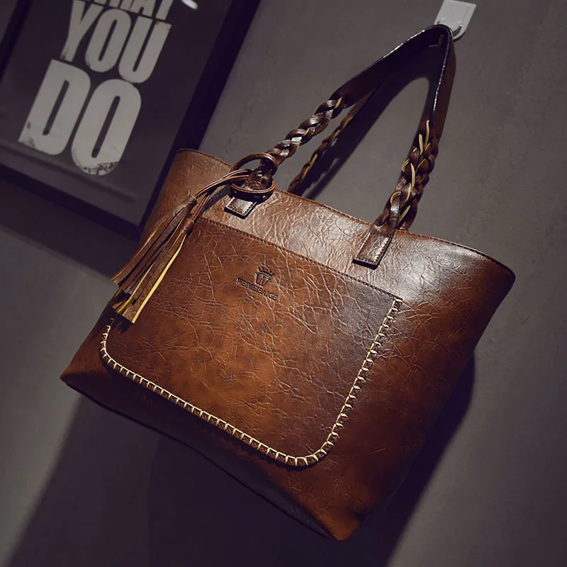 

Vintage top-handle bag PU Leather Handbags for Women Luxury Designer CrossBody bag sac main High Quality Tassel Shopping Tote