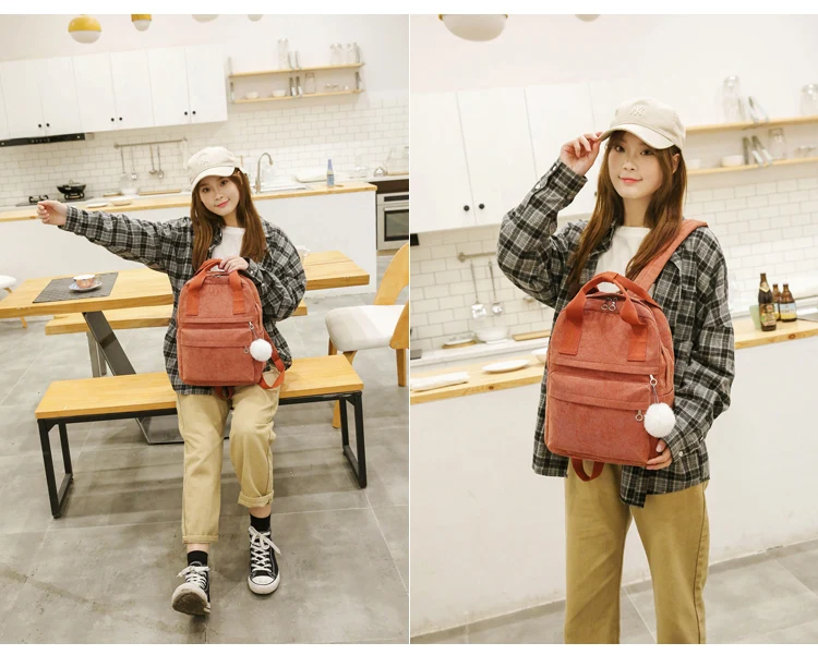Menghuo New Backpack for Women Fur Ball Solid Color Corduroy Backpack for Girls Spring Winter Velvet Travel Bag Mochila Feminina_14