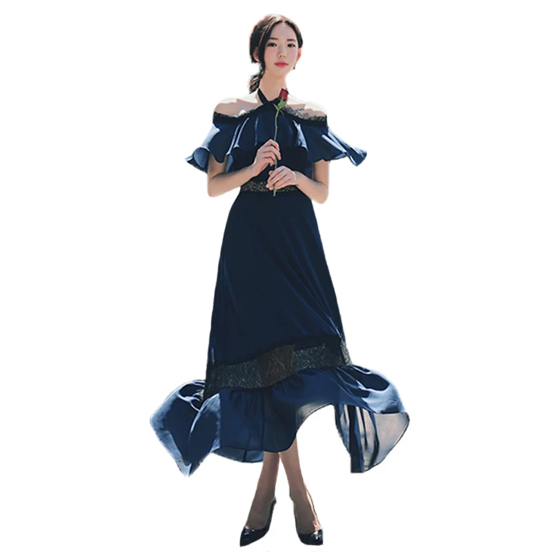 

2019 New Fashion Women Dress Lace Halter Neck Ruffles Sexy Mermaid Mid-calf Dress Elegant Party Dress Vestidos Mujer Robe Femme