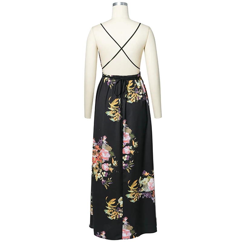 Summer Floral Print Boho Maxi Dress Women Deep V-Neck Sleeveless Spaghetti Strap Split Backless Chiffon Long Dresses (16)