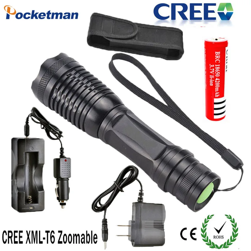 

3800LM LED flashlight torch XM-L T6 lanterna de Zoomable lampe torche Powerful Flashlight with AC/Car Charger 18650 battery