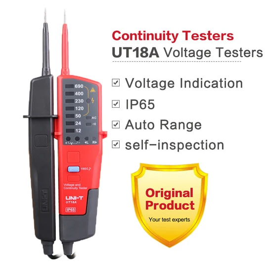 

UNI-T UT18A/UT18B/UT18C/UT18D Auto Range Voltage Meter LCD/LED Indication Date Hold RCD Test No Battery Detection Detector