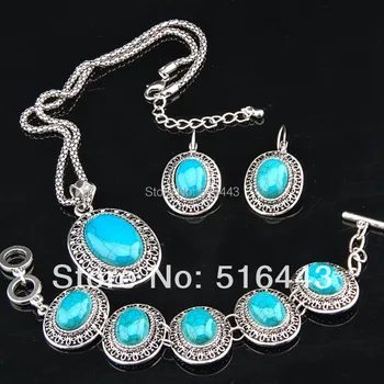 

Hot Selling Antique Silver Turquoise Big Oval Hollow Earrings Bracelet Necklace Retro Womens Vintage Jewelry Set A-586