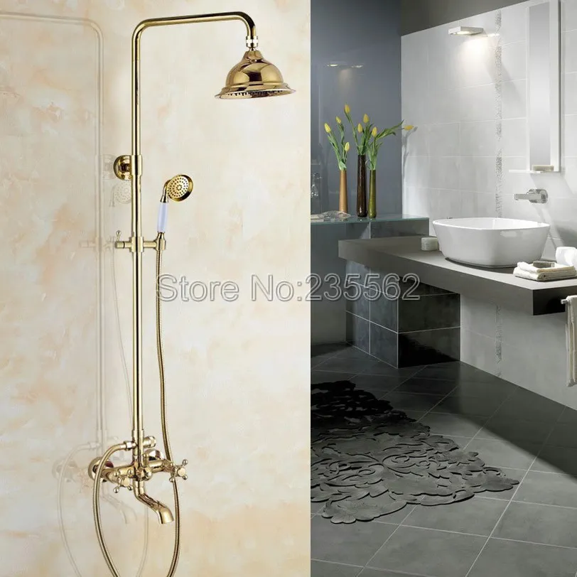 Modern Gold Color Brass Rain Shower Faucet Set Dual Handle Tub Mixer Tap With Hand lgf396 | Обустройство дома