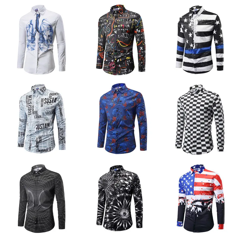 

High Quality Mens Shirts Casual Men Full Print Button Blouse Men Printing Buttons Stand Collar Long Sleeve Shirt