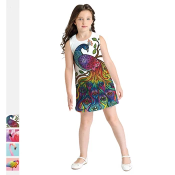 

Summer Kids Girls Vest Flamingo Dresses Sleeveless Loose Clothes A-line Dress Peacock Cartoon Print Dress Princess Girls Clothes