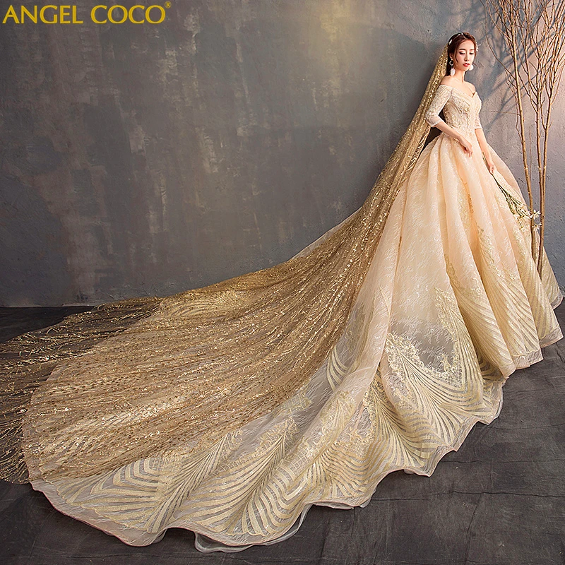 Роскошное высококачественное кружевное Золотое свадебное платье на заказ