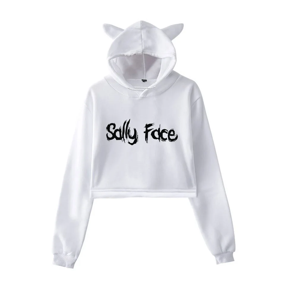 White Укороченная Женская толстовка с изображением игры Sally Face, женский топ, пуловер с капюшоном и кошачьими ушками, укороченный топ с принтом, женские толстовки и свитшоты, одежда для девочек - Цвет: White