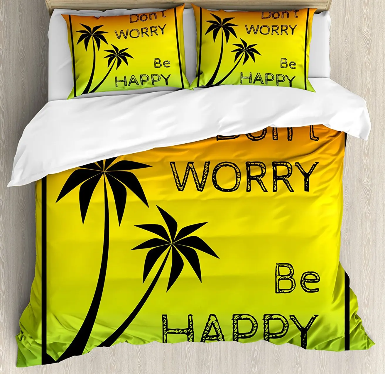 

Rasta Duvet Cover Set Don't Worry Be Happy Music Quote of Iconic Singer Palms Ombre Colors Decorative 4 Piece Bedding Set