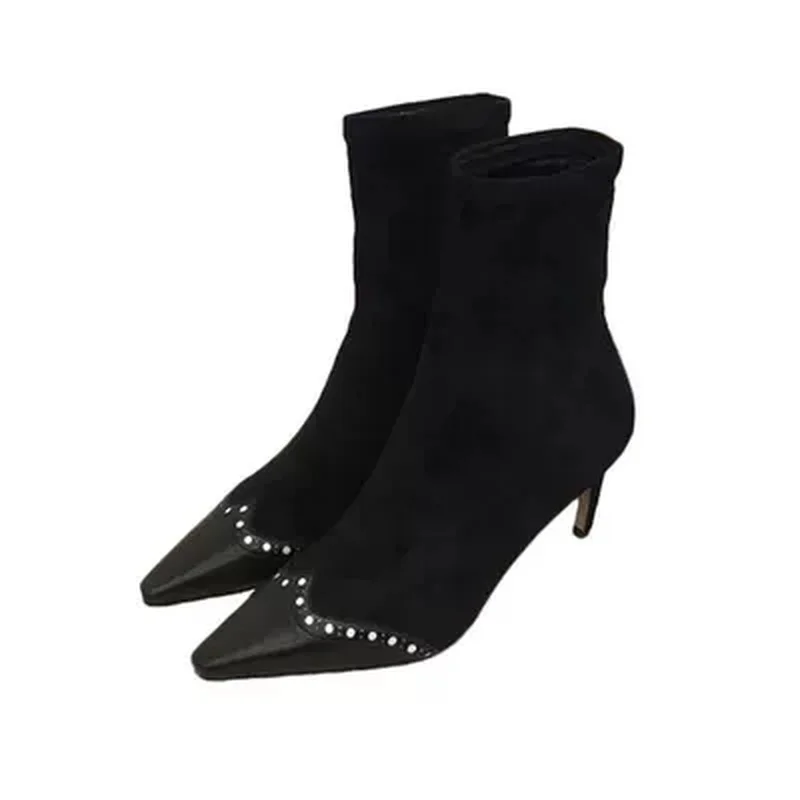 

Genuine Leather Women Ankle Boots Top Scrub Thin Leg Bare Boots Elastic Knitted Boots Women's Fashion Style Boots Luxury Shoes