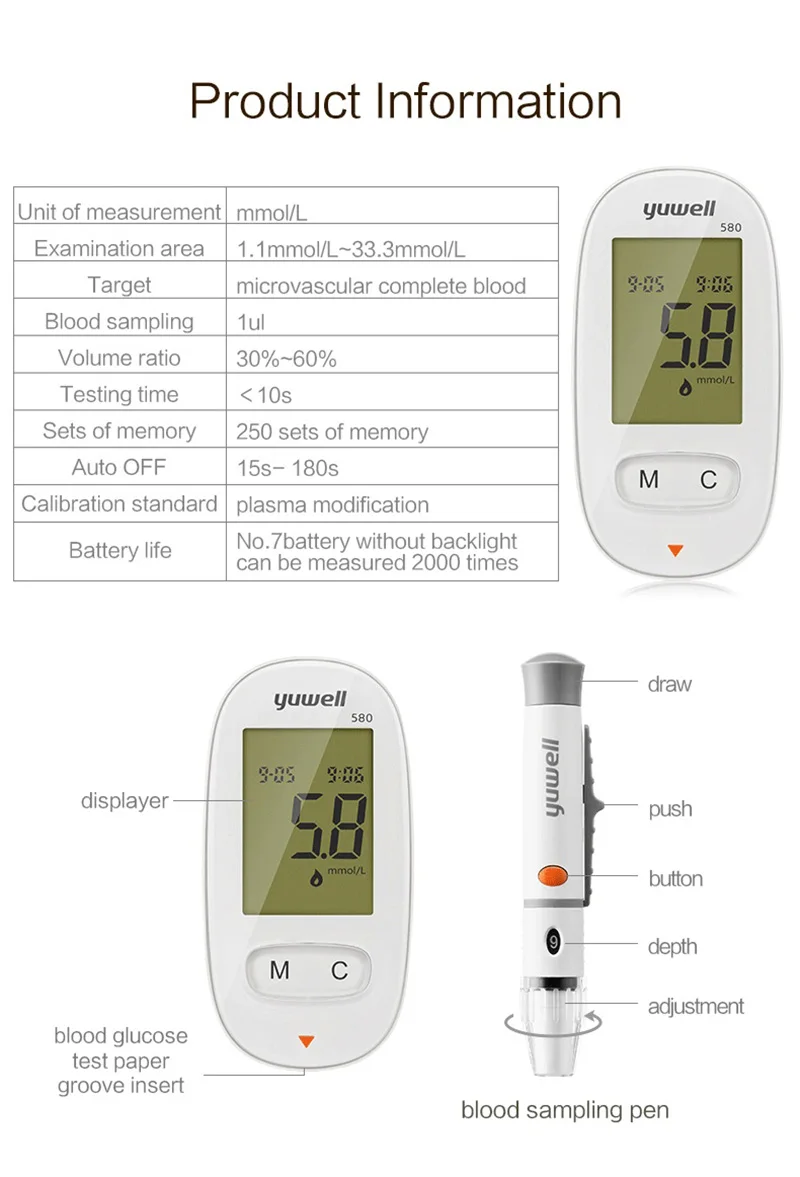 Yuwell 580 измеритель уровня глюкозы в крови тест поездки диабетический тестер глюкометр тест сахара в крови бытовой инструмент для монитора