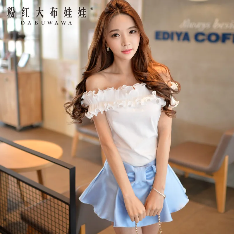 dabuwawa short sleeved t shirt summer 2016 korean new all match slash neck white cute t