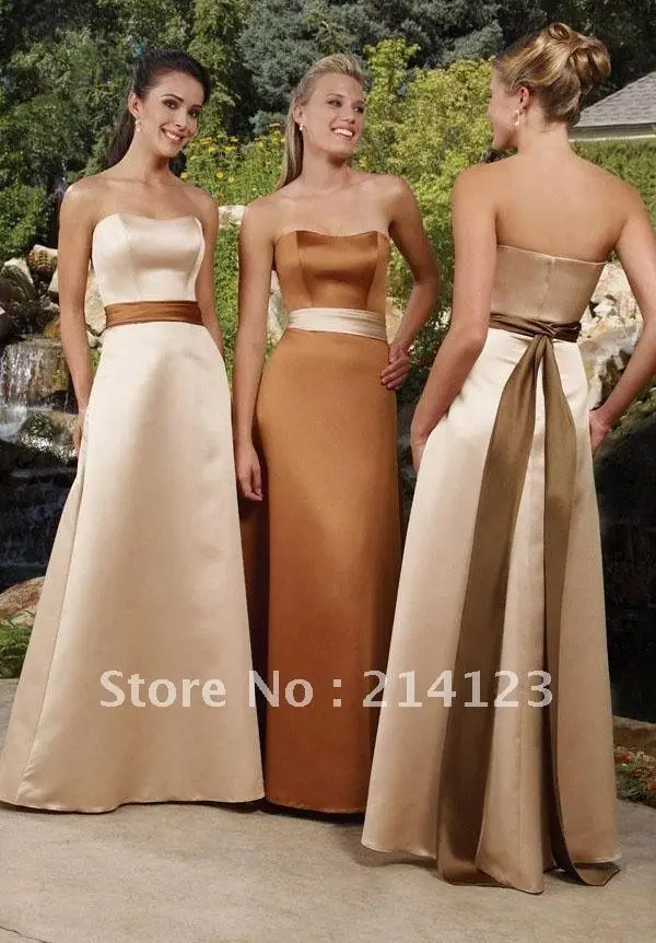 2012 Hot Customed Gold Satin Strapless Sash Empire Long Bridesmaid