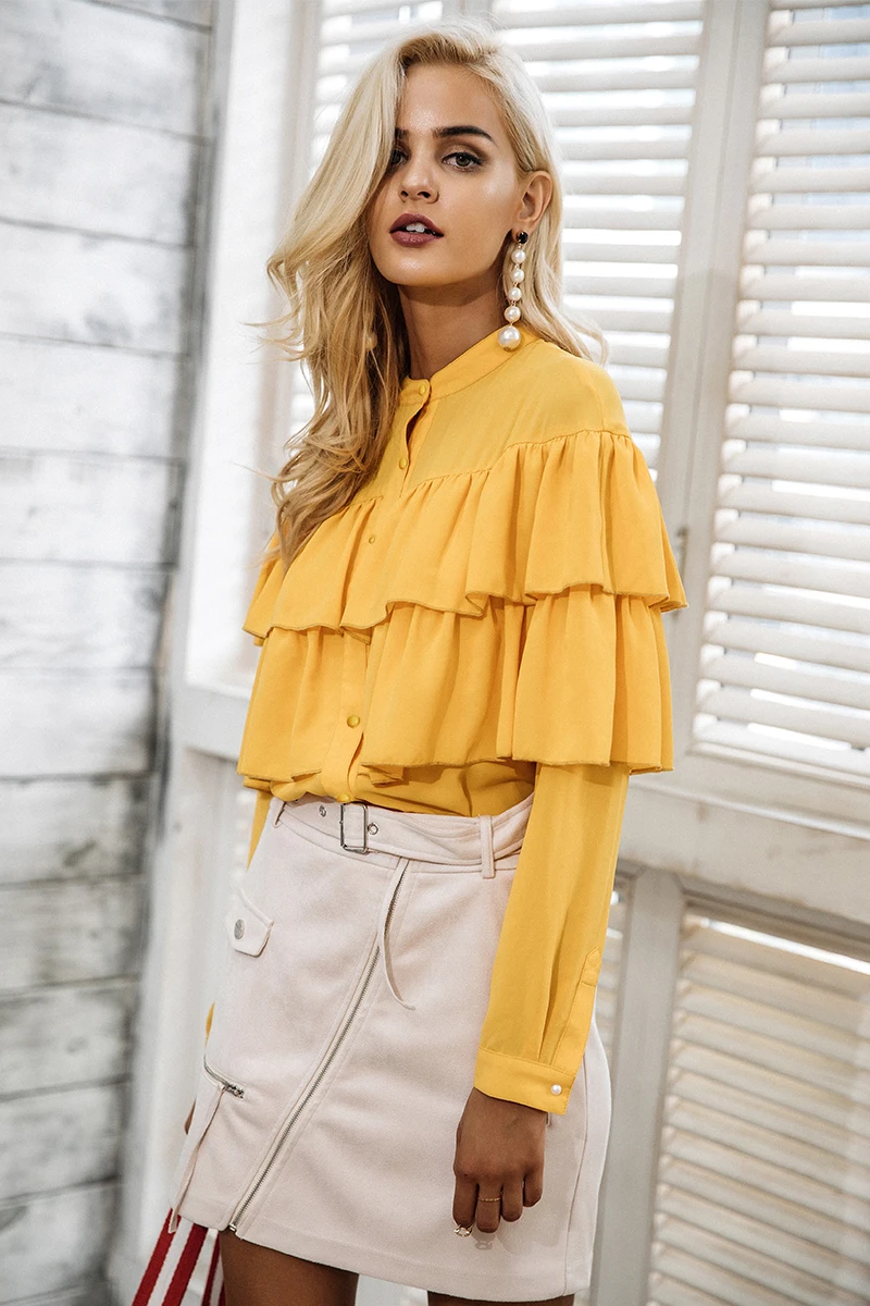 Elegant Ruffles Long Sleeve Yellow Blouse Shirt