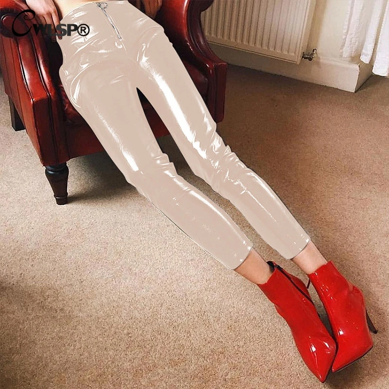 CWLSP 3 Colors Spring PU leather Solid Pencil Pants Women Front Zipper Ankle Length Leggings Female Slim Trousers Bottom QZ2511