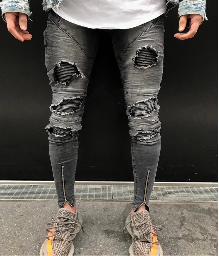 2019 брендовые рваные джинсы для мужчин деним отверстия на коленях High Street Для мужчин Повседневное узкие облегающие отбеленные Уничтожено