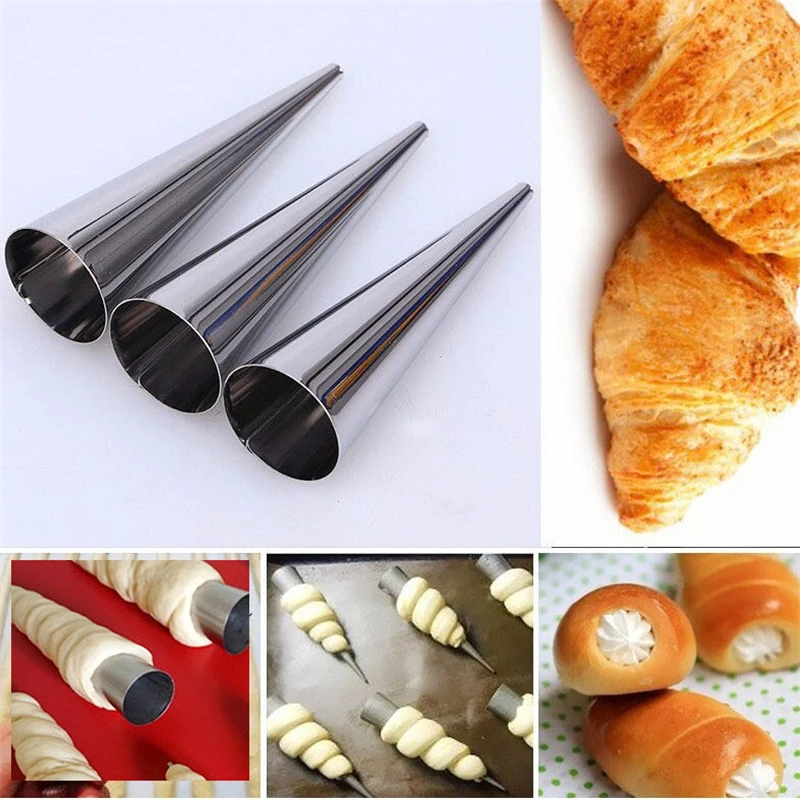 

8Pcs/Set Stainless Steel Pastry Cream Horn Moulds Bread Croissant Mold Conical Tube Cone Baking Molds Denmark Coil Mold Tool