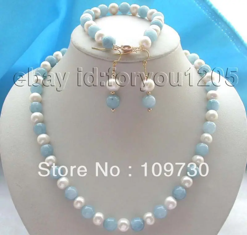 

Jewelry 00446 10mm Pearl Aquamarine Necklace Bracelet Earrings set! (A0423)