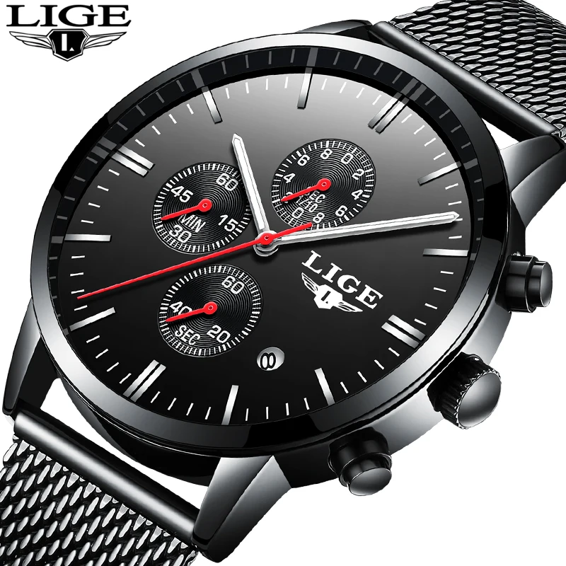 

Mens Watches LIGE Top Brand Luxury Stainless Steel Watch Men Business Analog Quartz Watches Military watch Waterproof Relogio