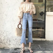 Дизайн, корейский стиль, женские качественные джинсовые рваные расклешенные штаны на каждый день, высокая талия, женские джинсы, облегающие, элегантные штаны