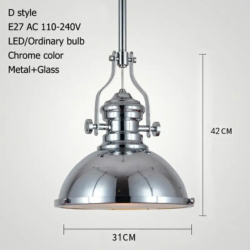 3 стиля Лофт ретро промышленный подвесной металлический подвесной светильник винтажный E27 Светодиодный светильник s для кухни бар кофе светильник - Цвет корпуса: Chrome D