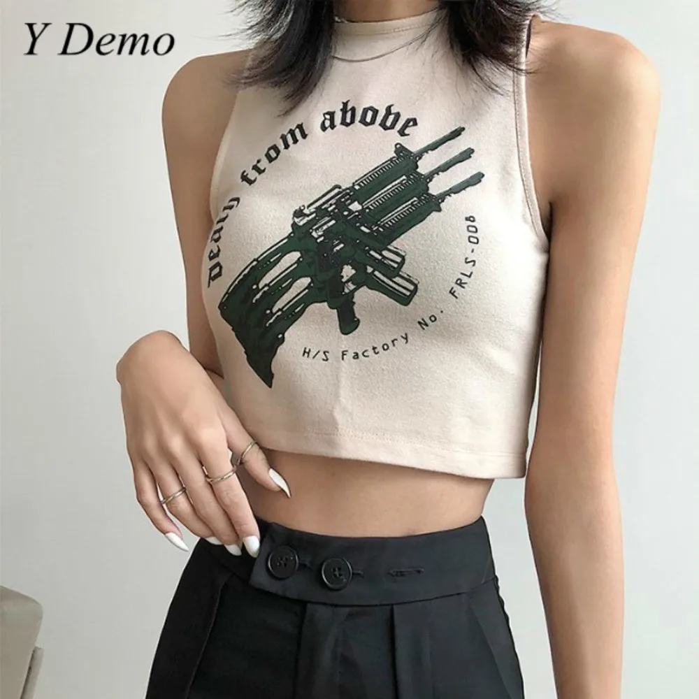

Harajuku Sexy Slim Gun Printing Women Sleeve Short Women Crop Tops