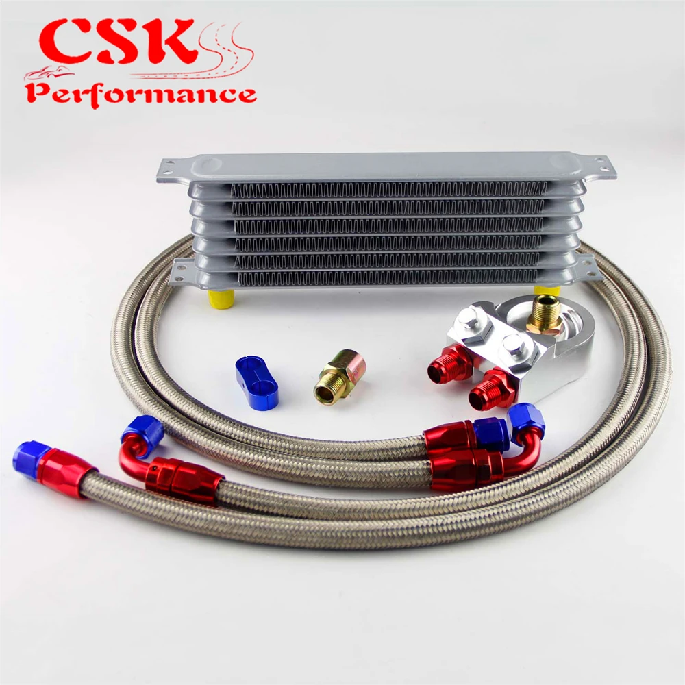 

Universal 7 Row 262mm AN8 Engine Transmission Oil Cooler Trust Type + 3/4*16 & M20*1.5 Filter Adapter SS Hose Kit Silver/Black